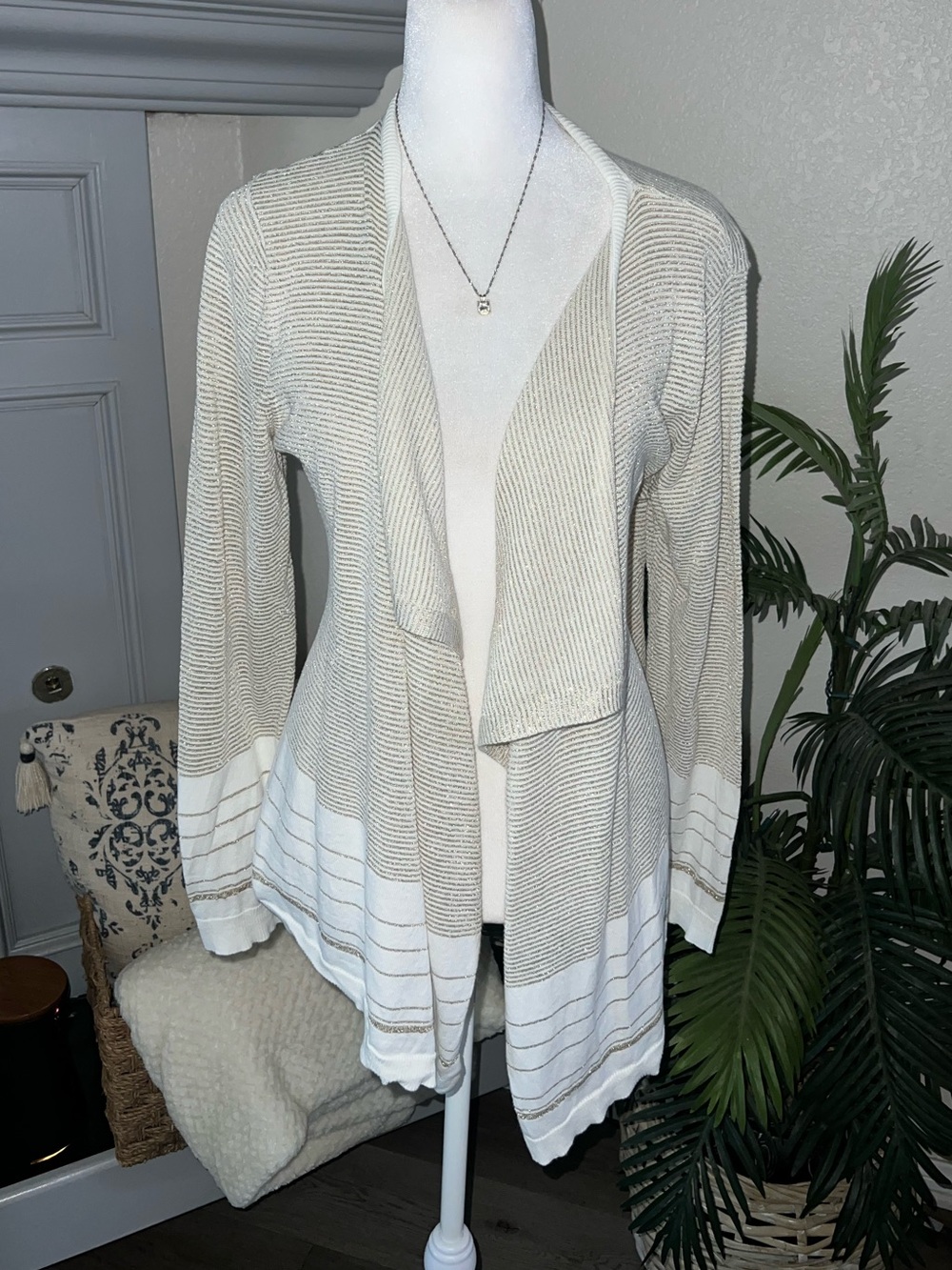 Calvin Klein Cream and White Open-Front Draped Cardigan
